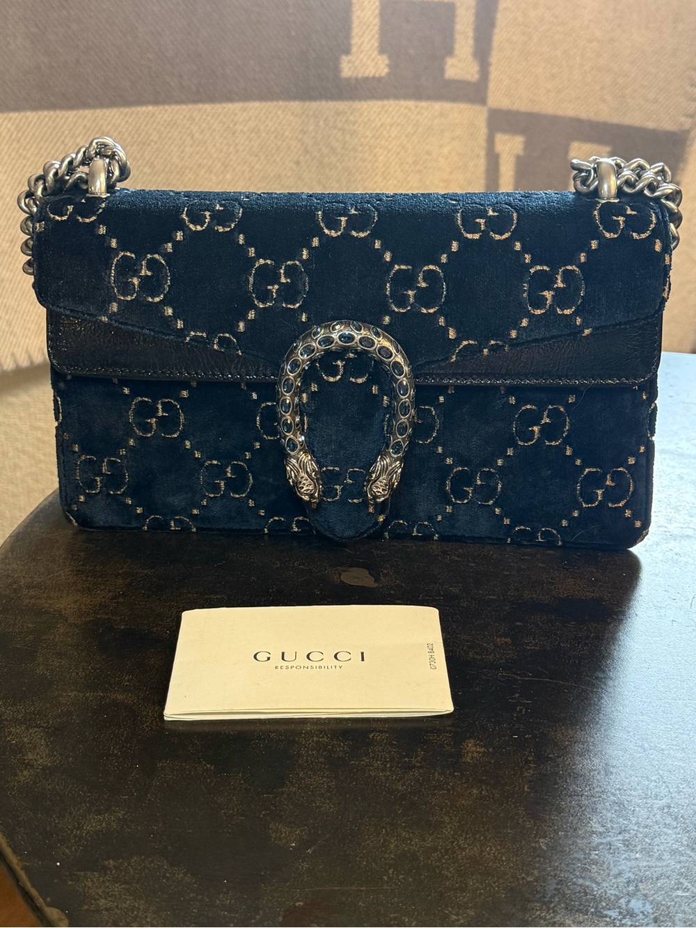 Gucci Navy Velvet Dionysus Shoulder Bag with Silver Hardware NWT